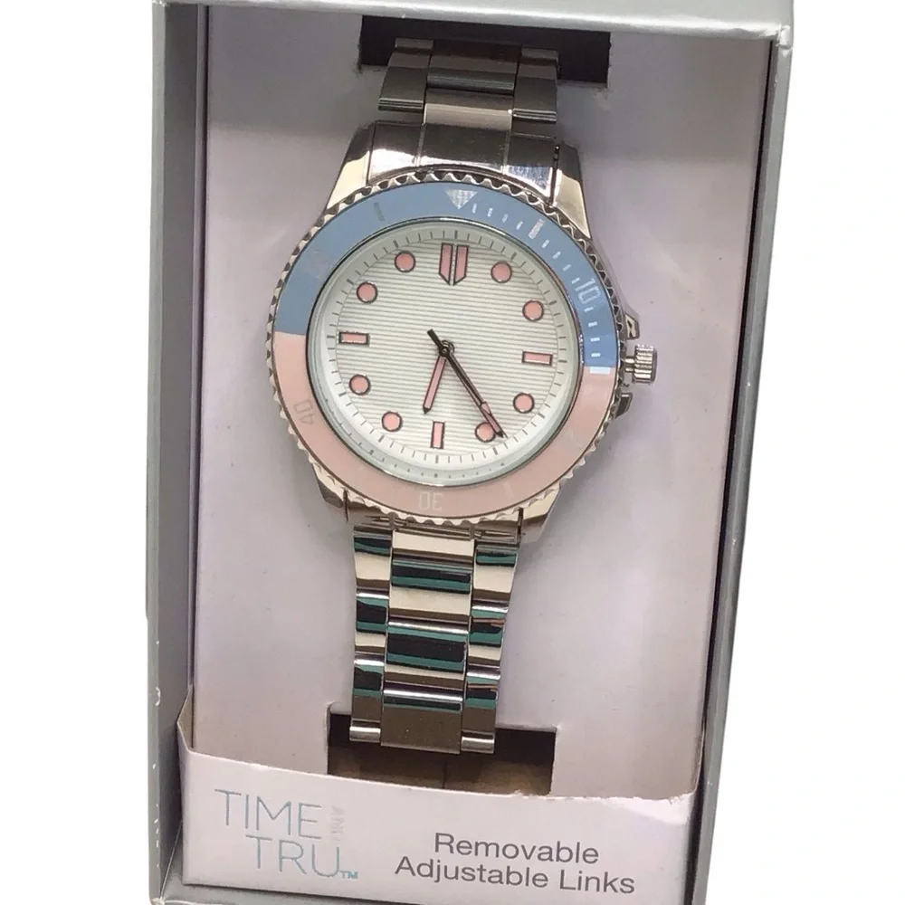 Time And Tru Women’s Silver Tone White, Pink, & Blue Bezel Bracelet Watch